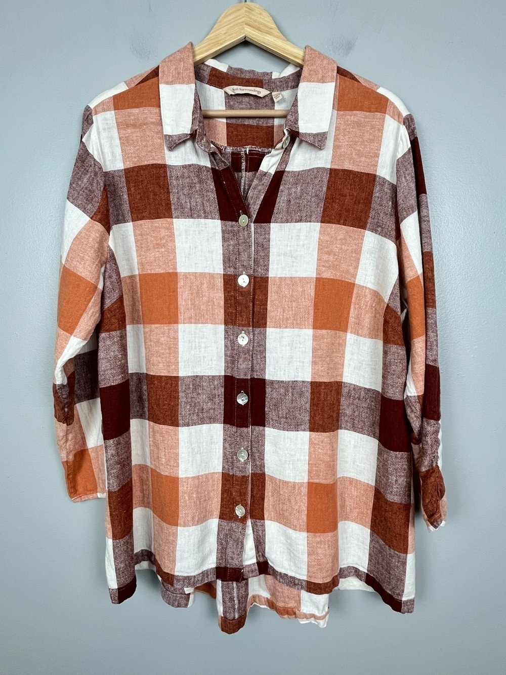Soft Surroundings linen blend ivory orange & brown plaid Carreaux shirt, 1X
